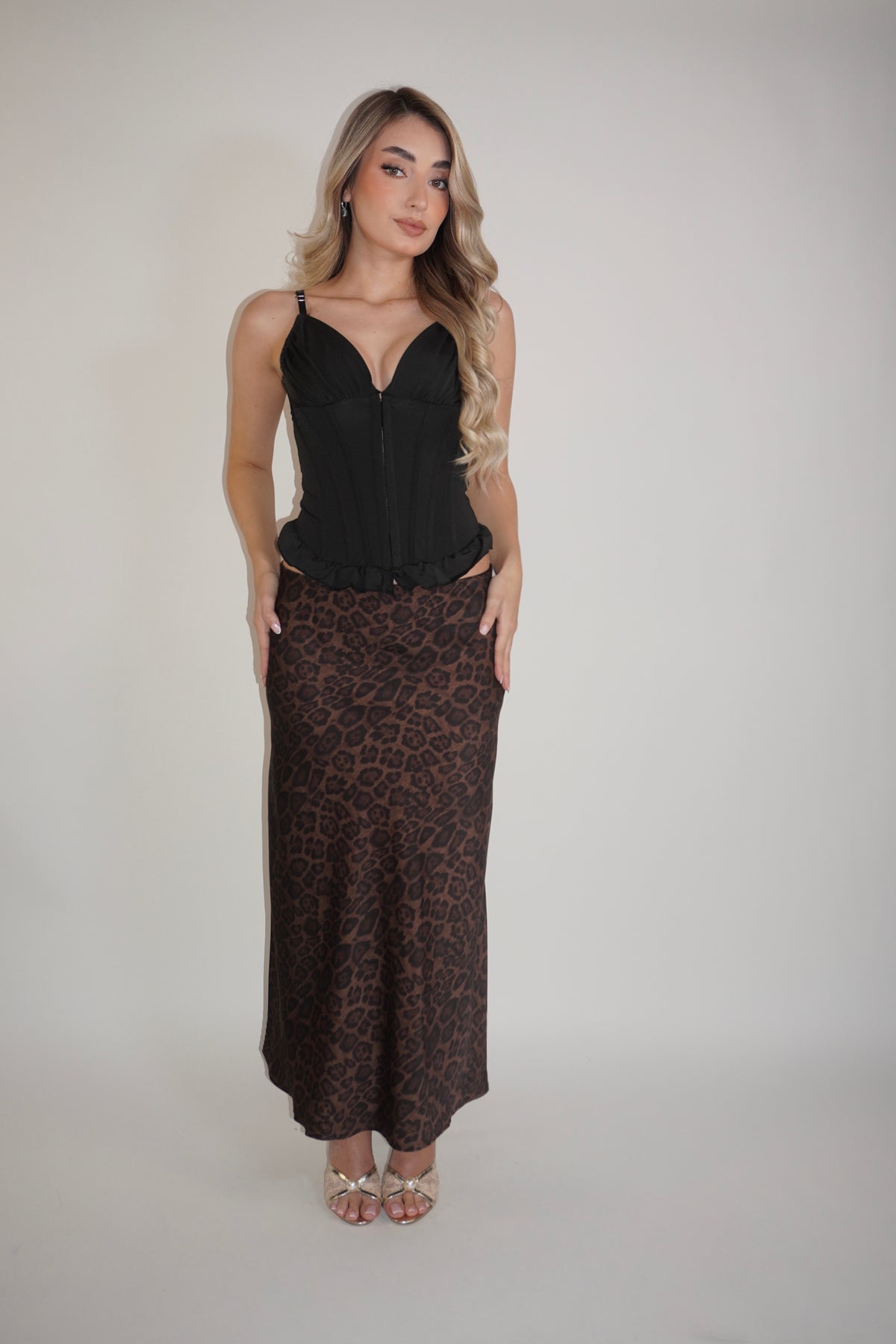 Animal Print Satin Midi Skirt