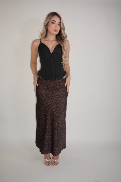 Animal Print Satin Midi Skirt