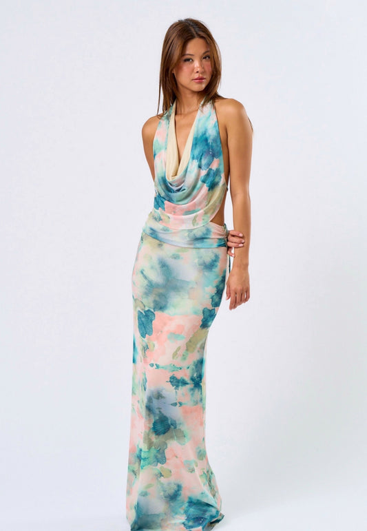 Multicolor Halter Backless Mesh Dress