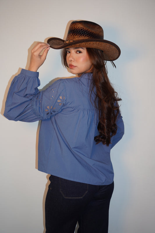 Blue Long Sleeve Lace Linen Blouse