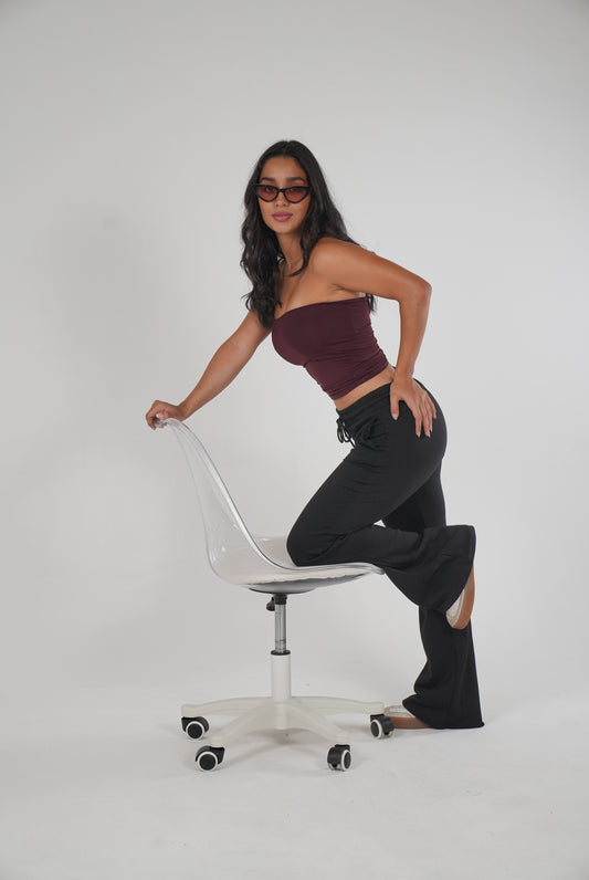Black Mid Rise Cotton Flare Pants
