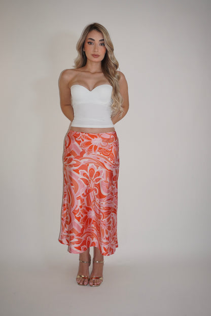 Orange Floral Satin Midi Skirt