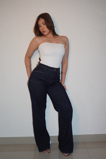 Dark WideLeg Denim Stretchy Jeans
