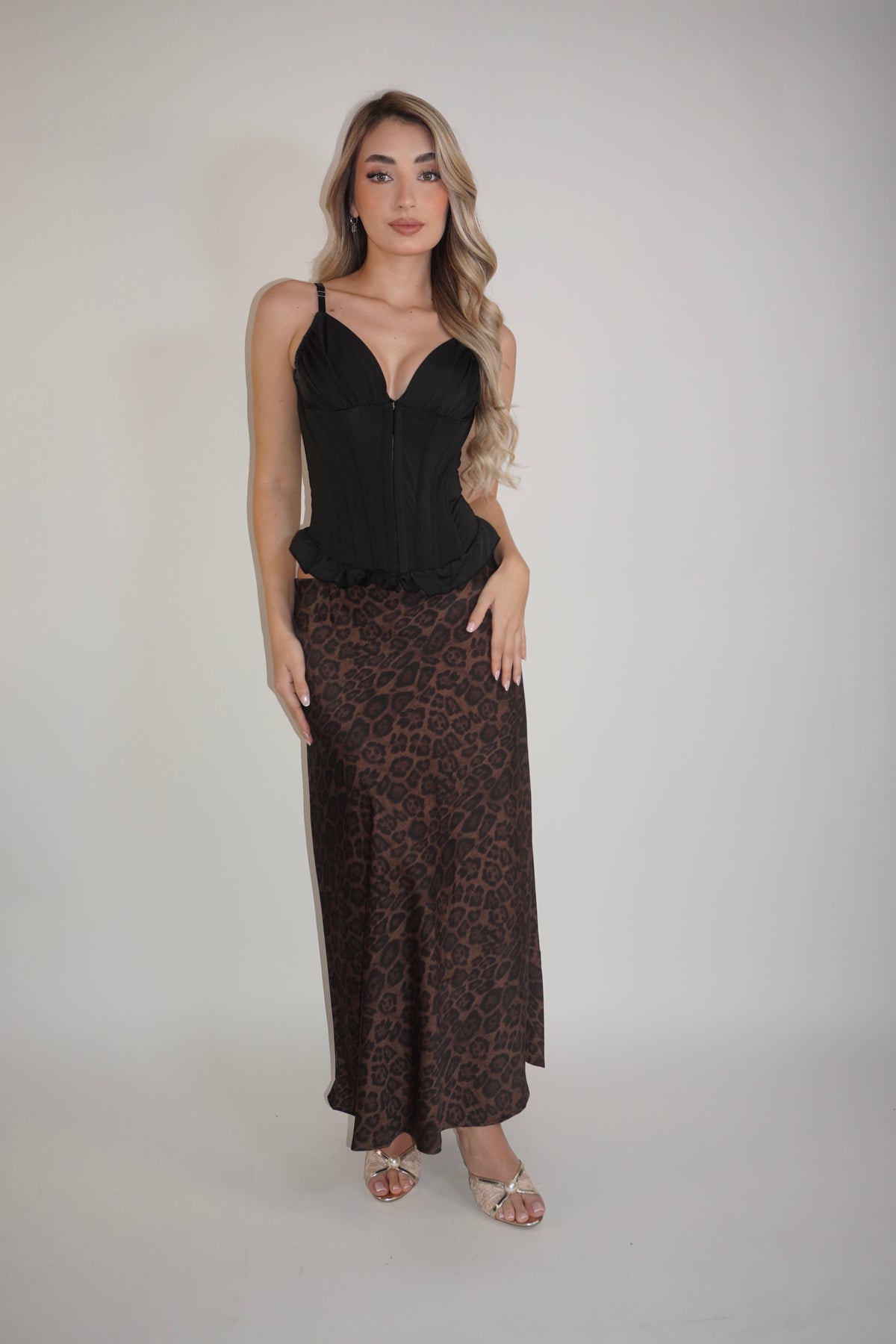 Animal Print Satin Midi Skirt