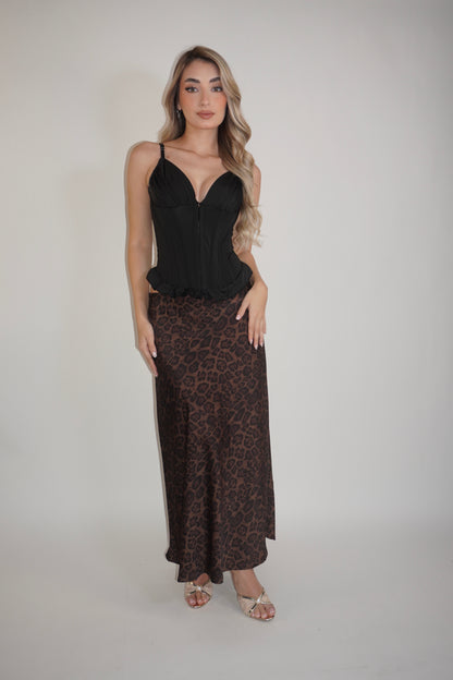 Animal Print Satin Midi Skirt