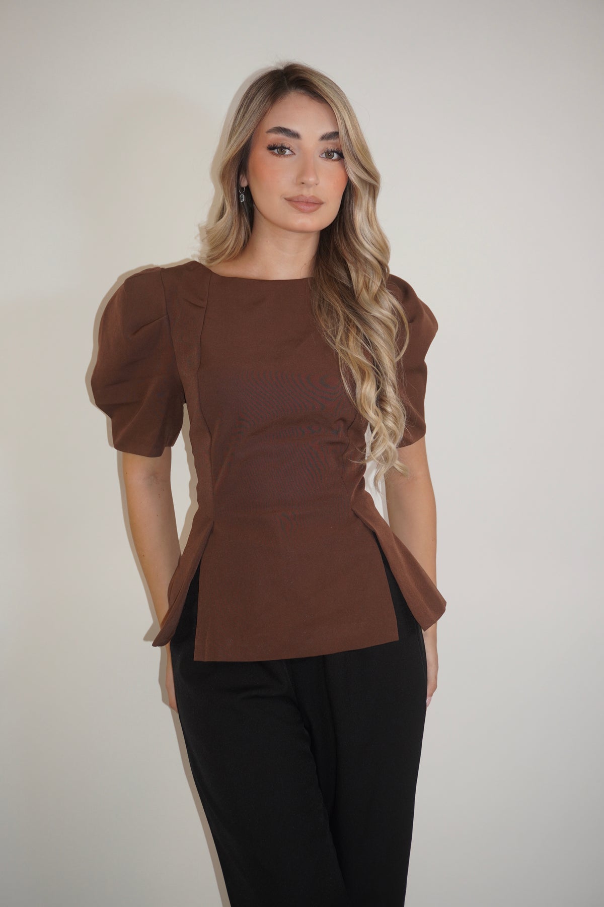 Brown Short Sleeve Peplum Blouse