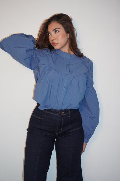 Blue Long Sleeve Lace Linen Blouse