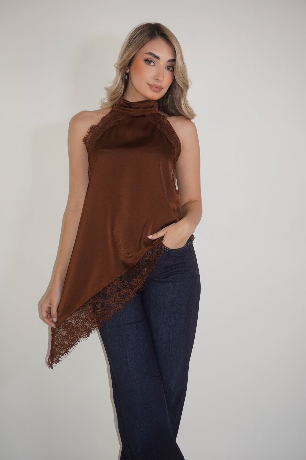 Satin Halter Asymmetric Lace Blouse