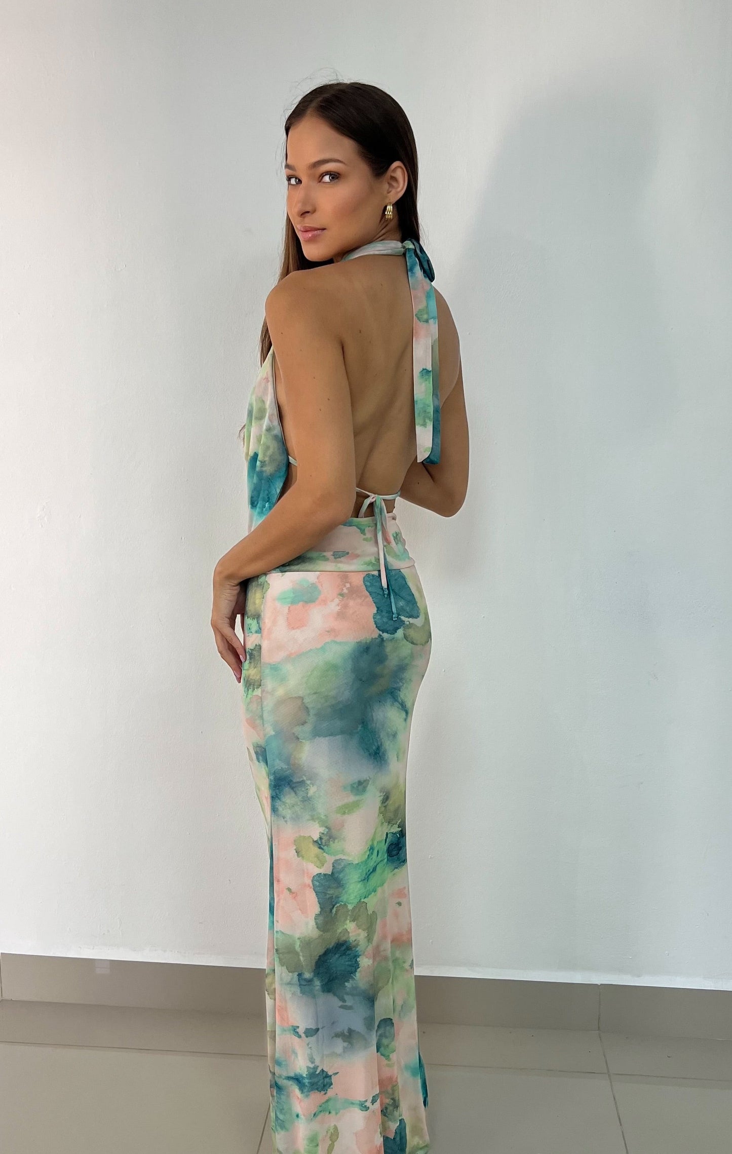 Multicolor Halter Backless Mesh Dress