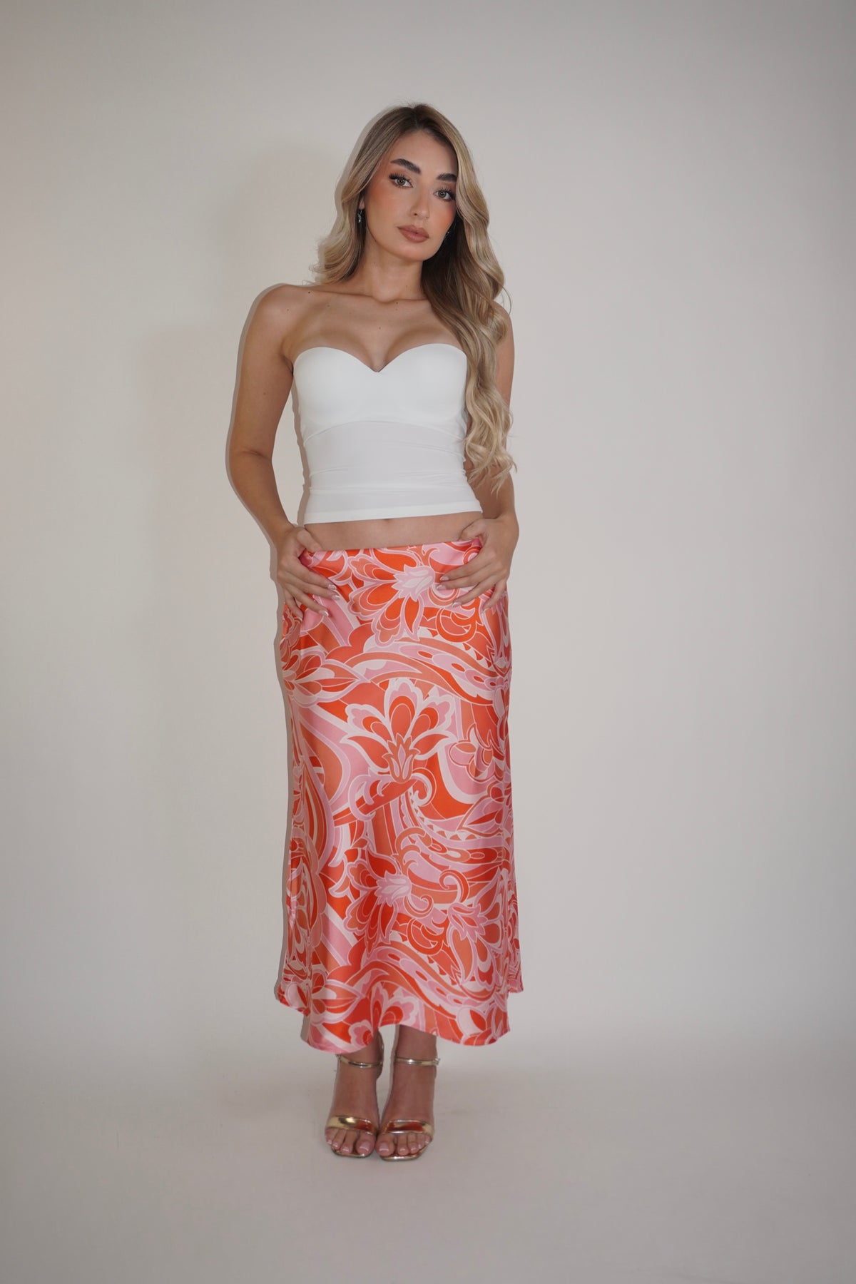 Orange Floral Satin Midi Skirt