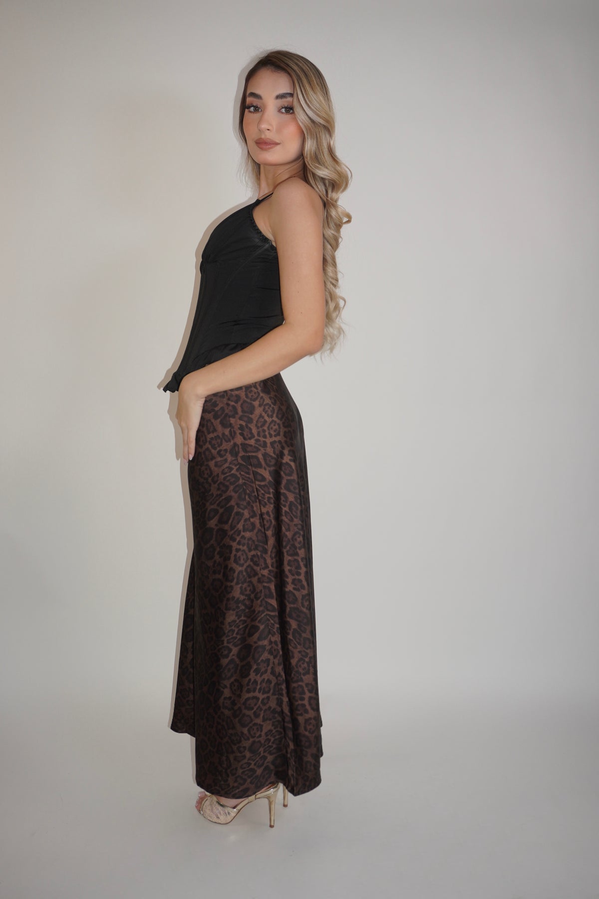 Animal Print Satin Midi Skirt