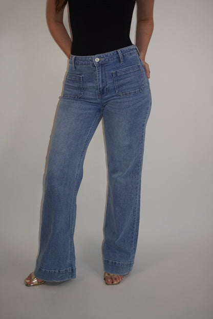 Light Blue Denim Flared Jeans With Pockets