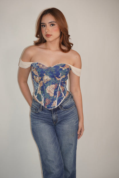 Off-Shoulder Floral Patterned Corset Top