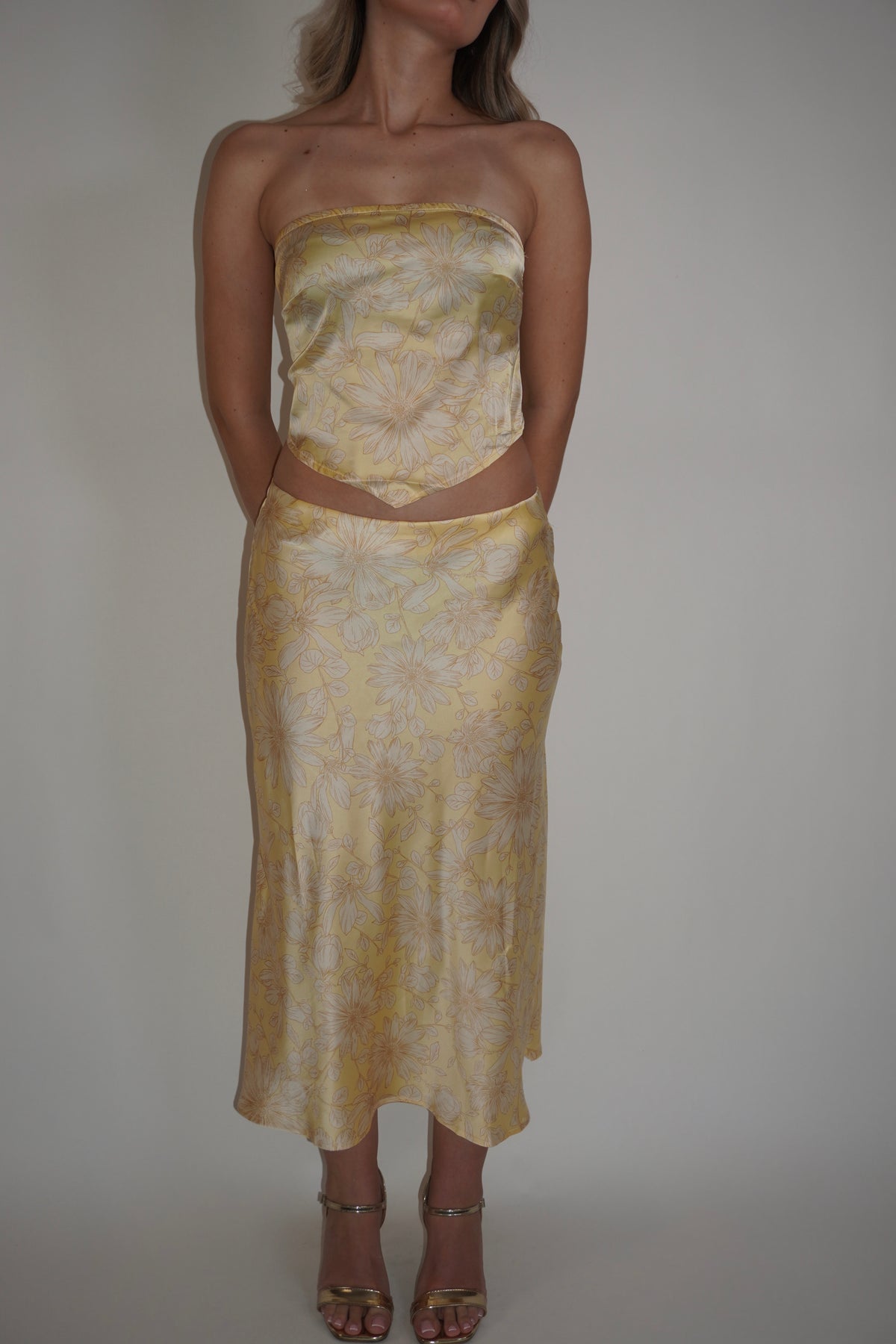Yellow Floral Satin Matching Set