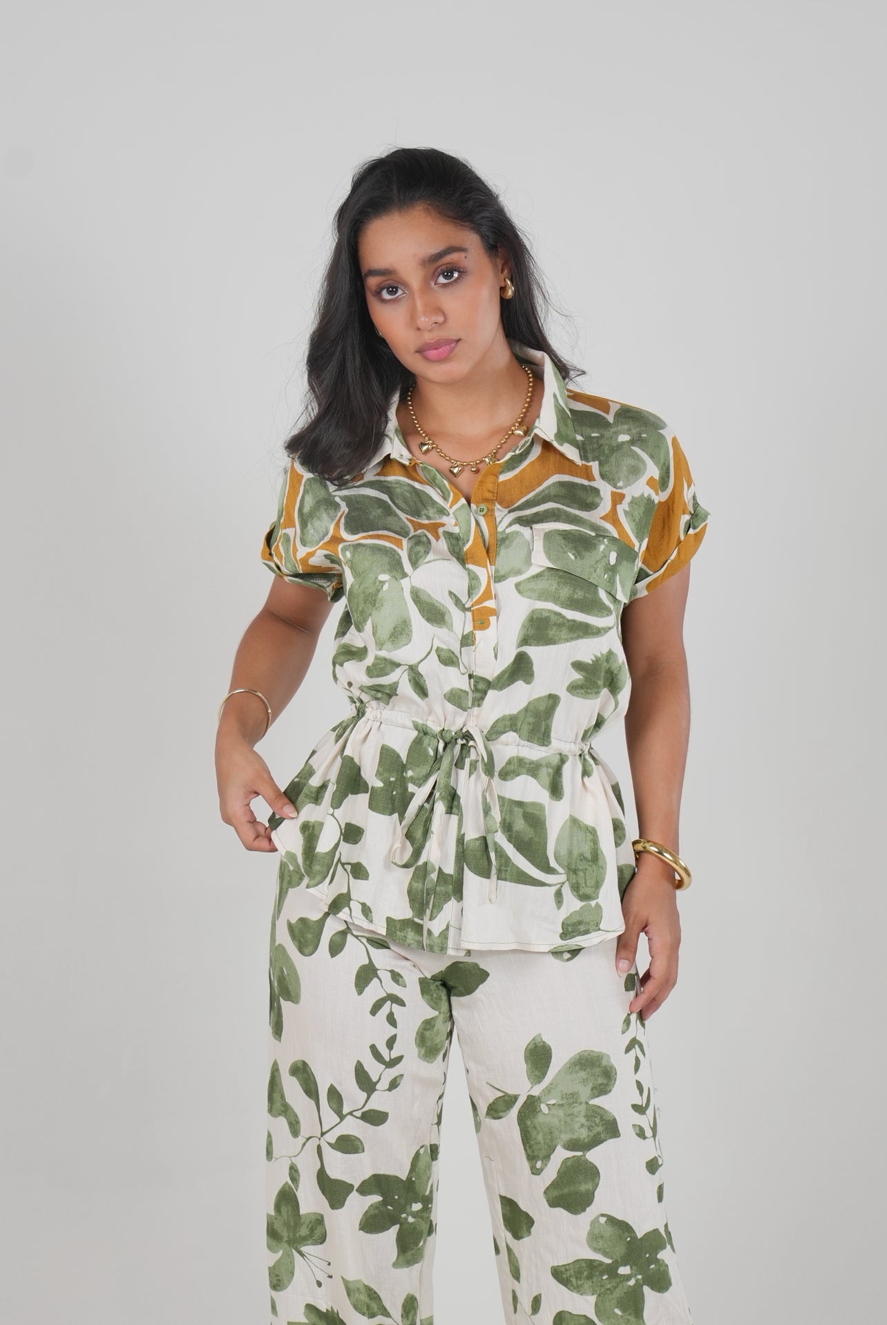 Green Floral Two Pieces Linen Set