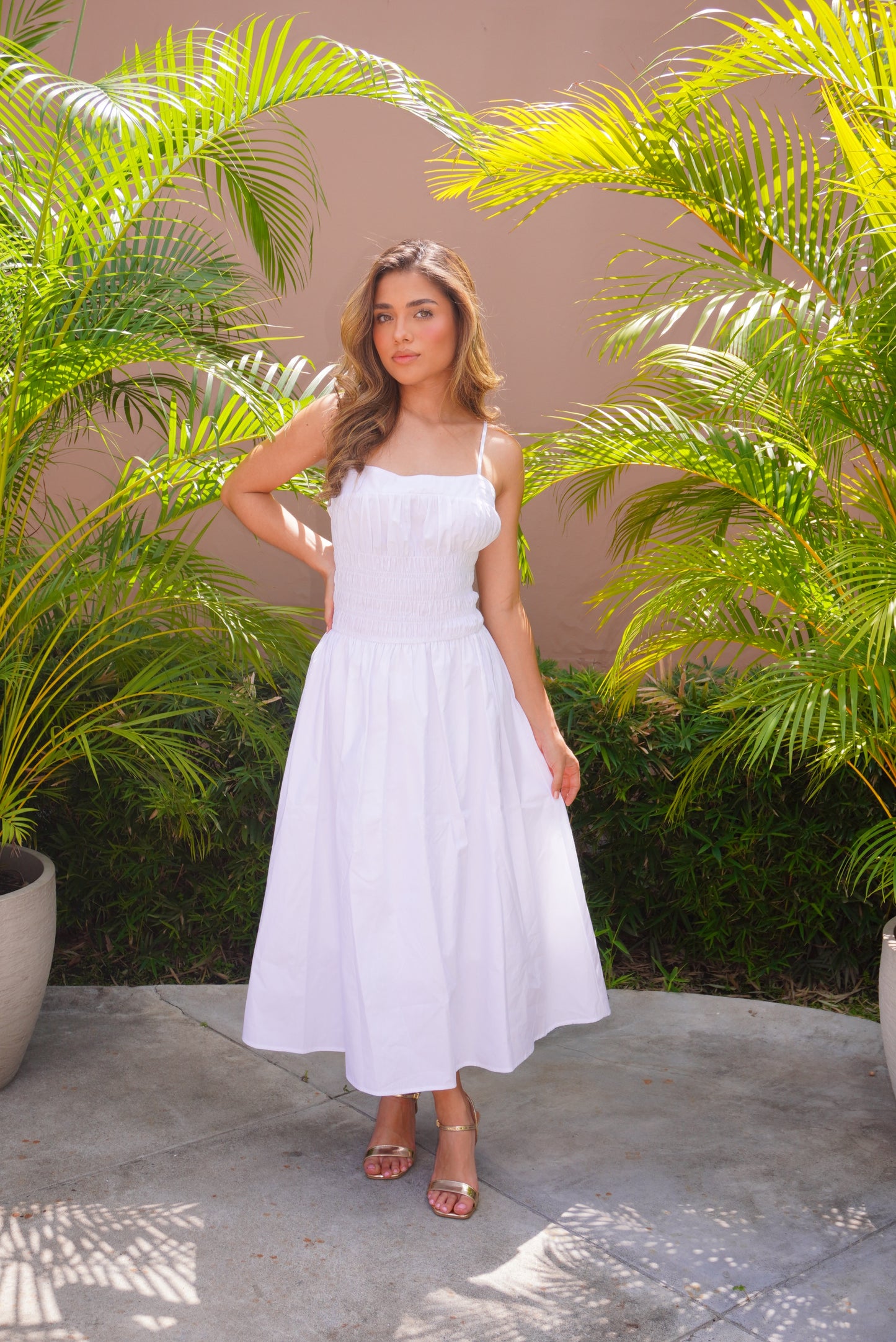 White Fitted Waist Maxi Dress