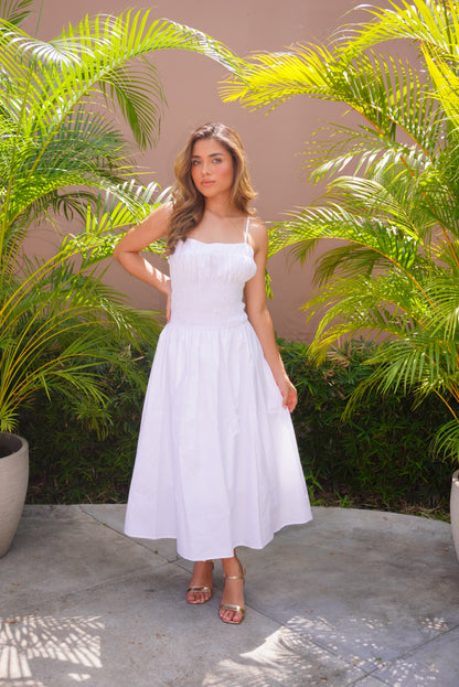 White Fitted Waist Maxi Dress