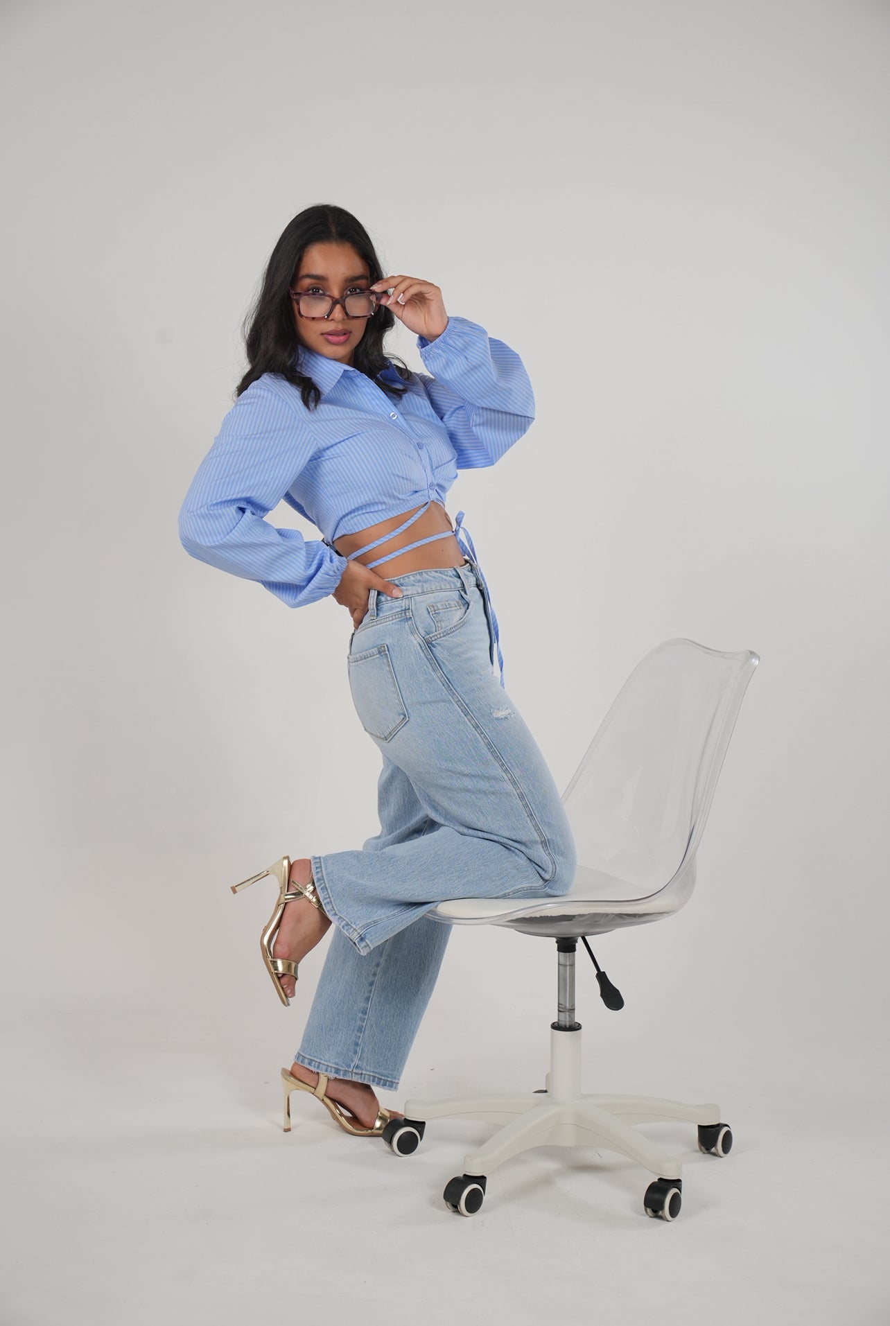 Blue Cropped Blouse With Strap