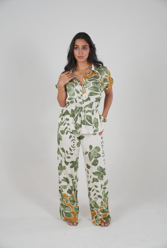 Green Floral Two Pieces Linen Set