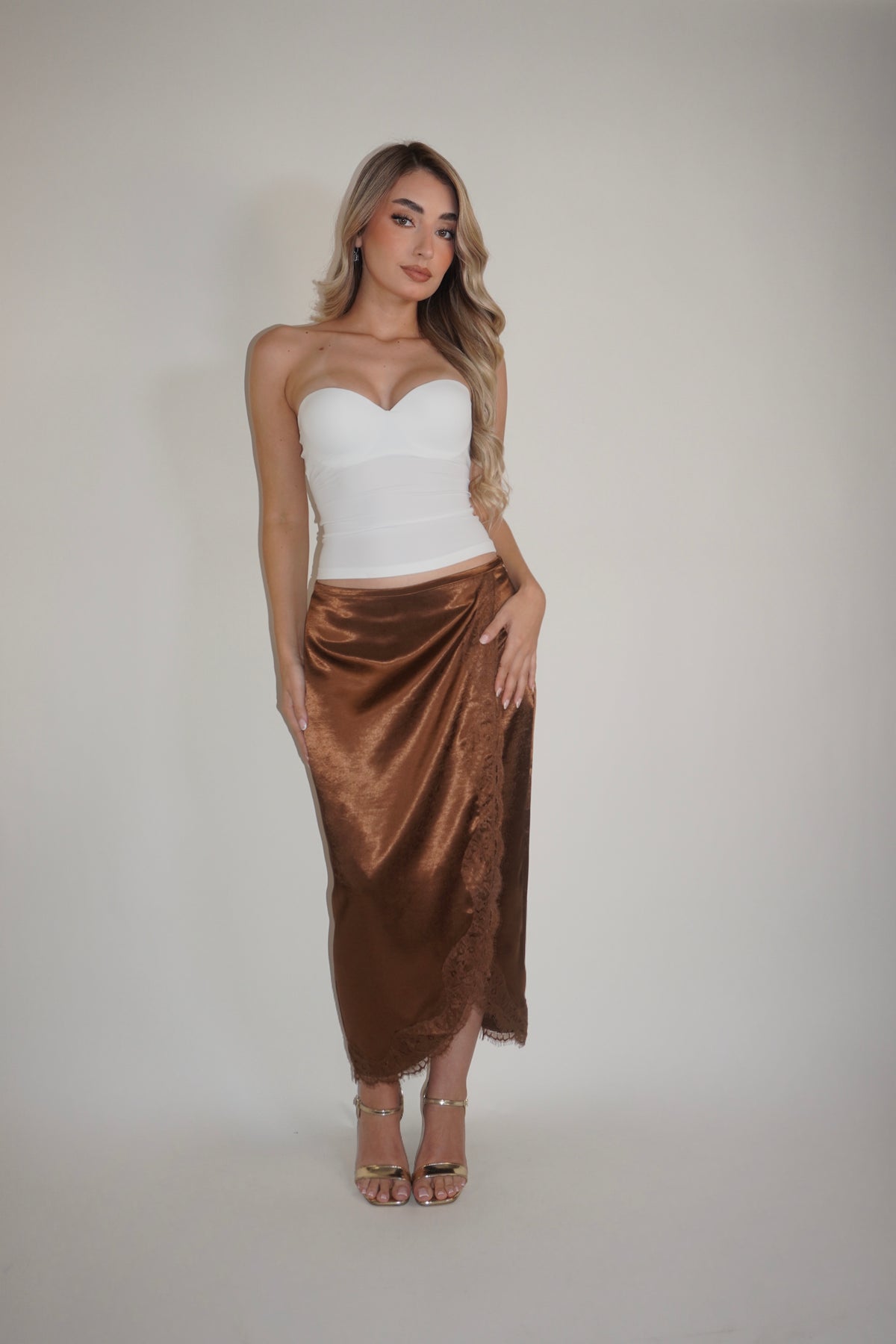 Satin Wrap Midi Lace Skirt