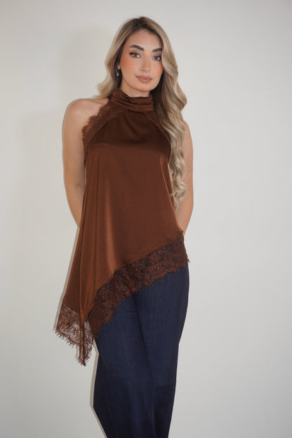 Satin Halter Asymmetric Lace Blouse
