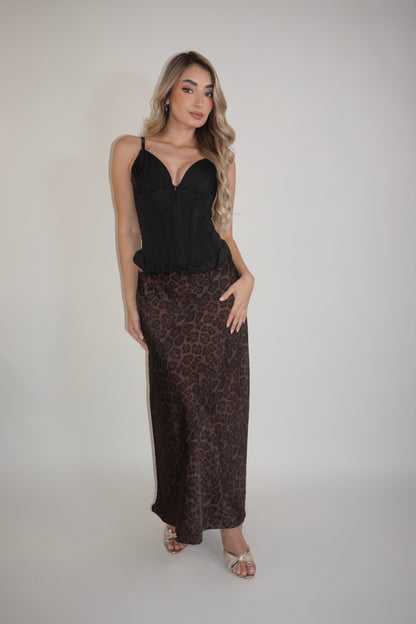 Animal Print Satin Midi Skirt