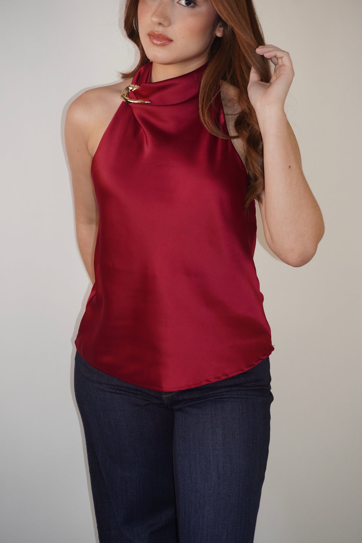 Satin Halter Top With Gold Detail