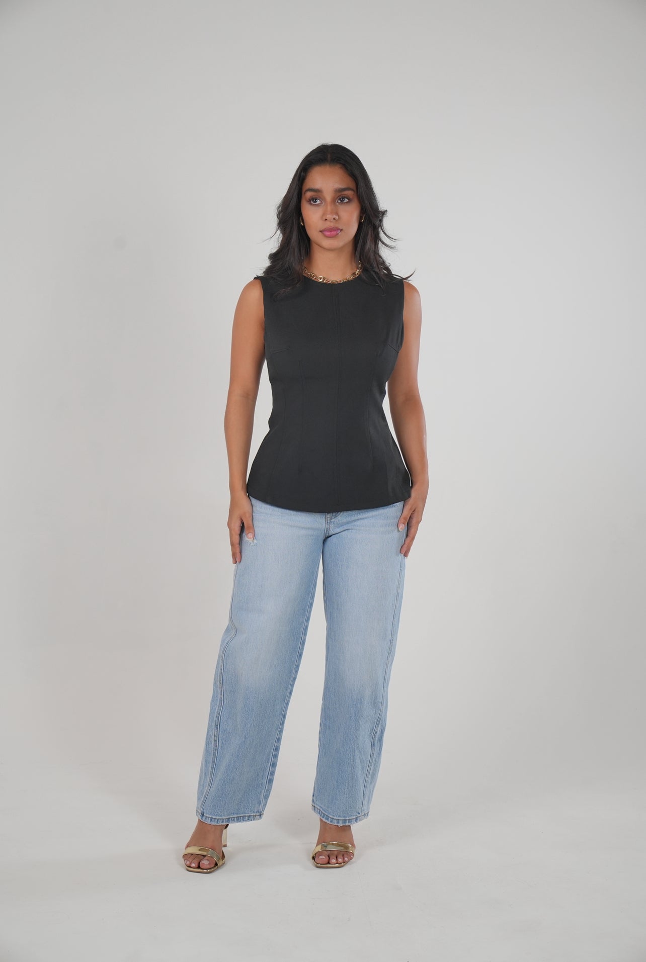 Black Sleeveless Structured Top