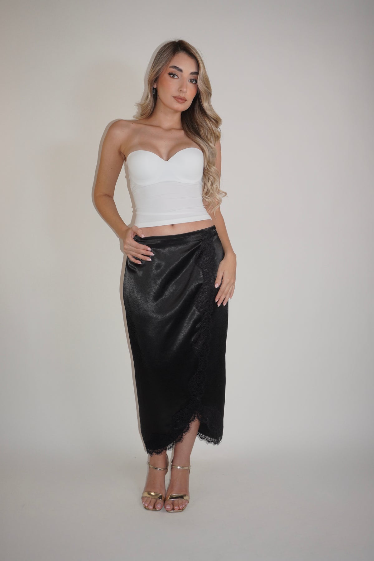 Satin Wrap Midi Lace Skirt