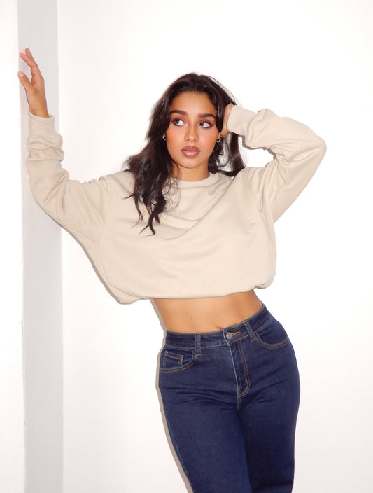 Beige Cotton Cropped Cozy Sweater