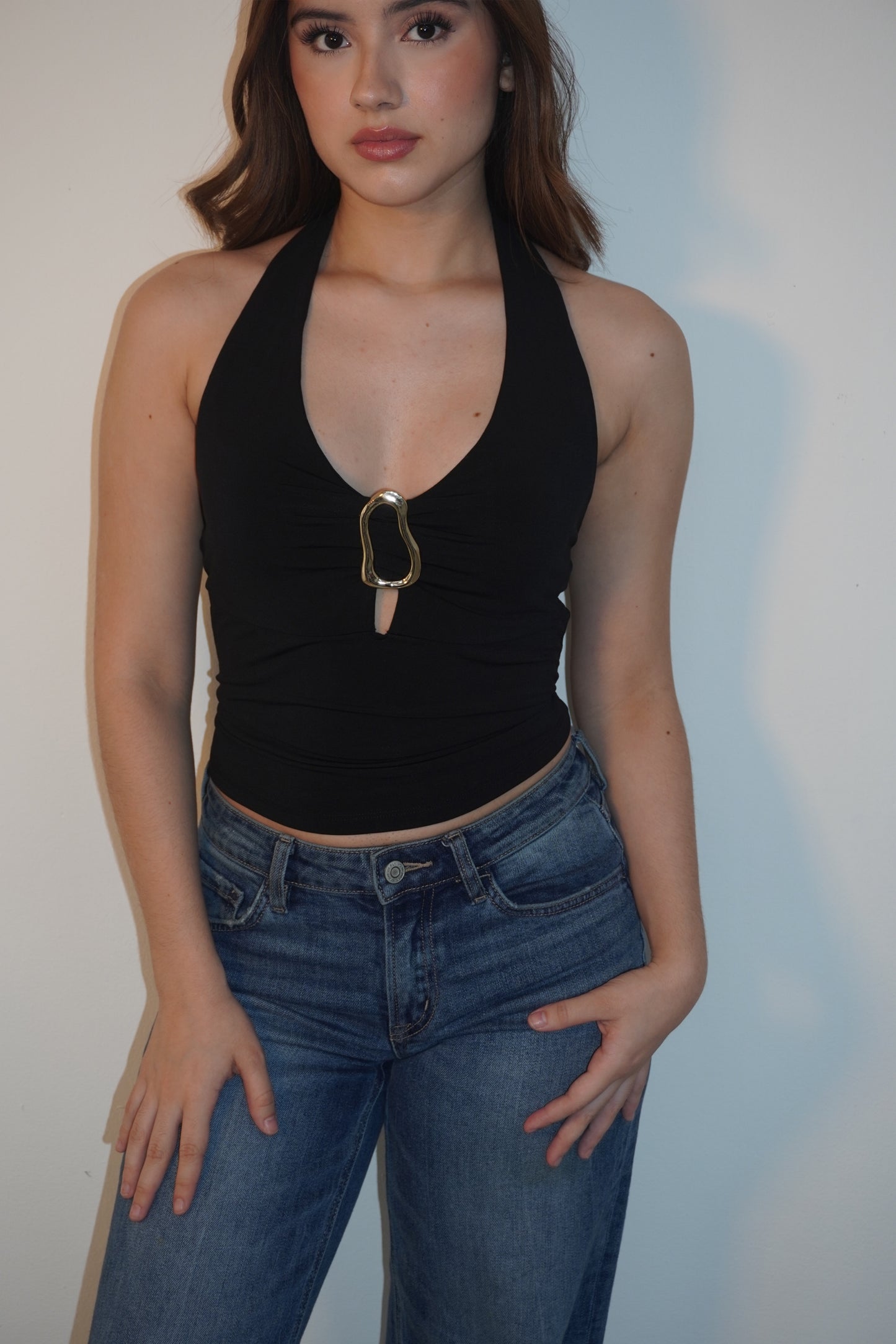 Black Halter Open Back Top With Gold Detail