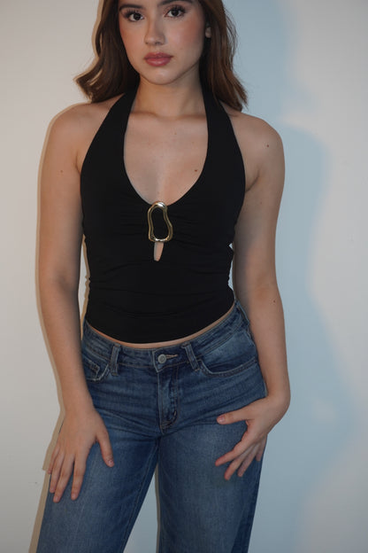 Black Halter Open Back Top With Gold Detail