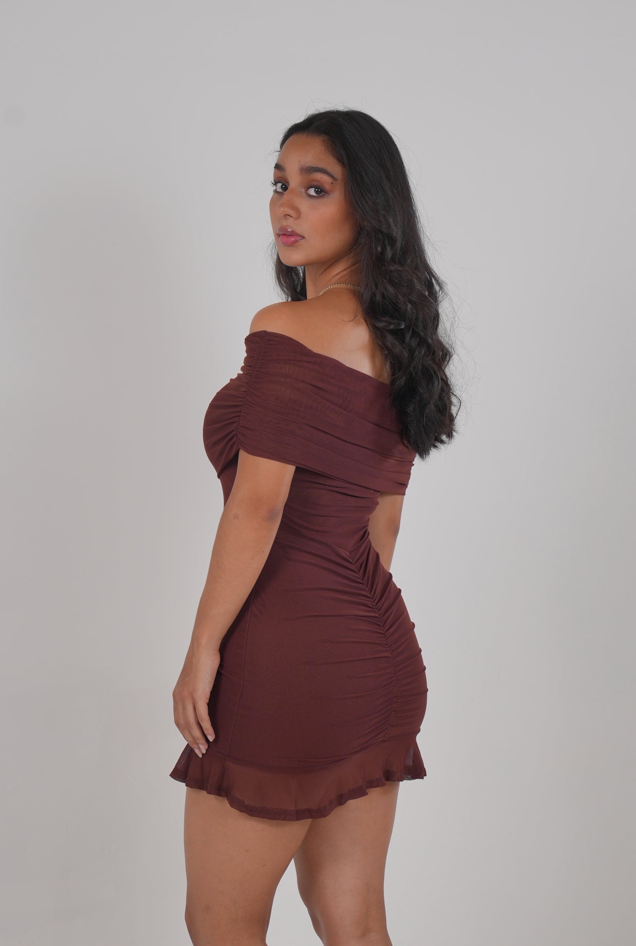 Burgundy Off Shoulder Mesh Mini Dress