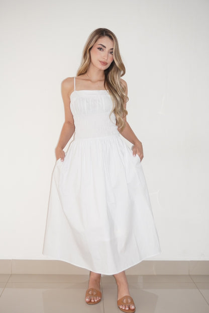 White Fitted Waist Maxi Dress