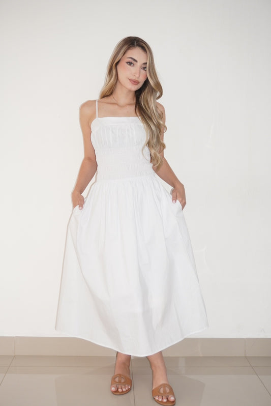 White Fitted Waist Maxi Dress