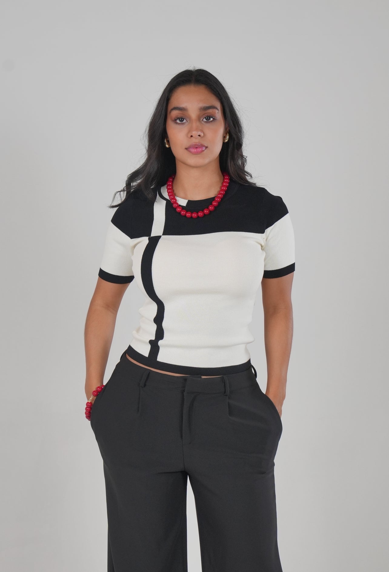Black & Beige Knitted Blouse