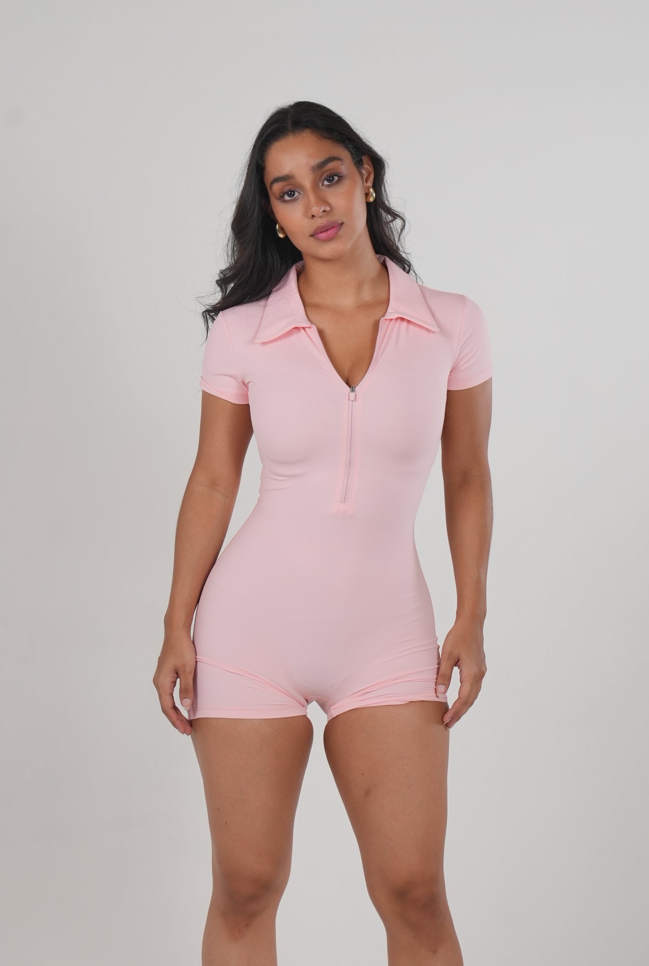 Pink Lycra Zipper Polo Romper