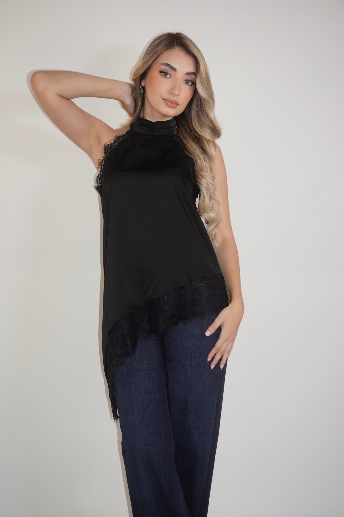 Satin Halter Asymmetric Lace Blouse