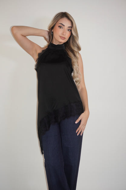 Satin Halter Asymmetric Lace Blouse