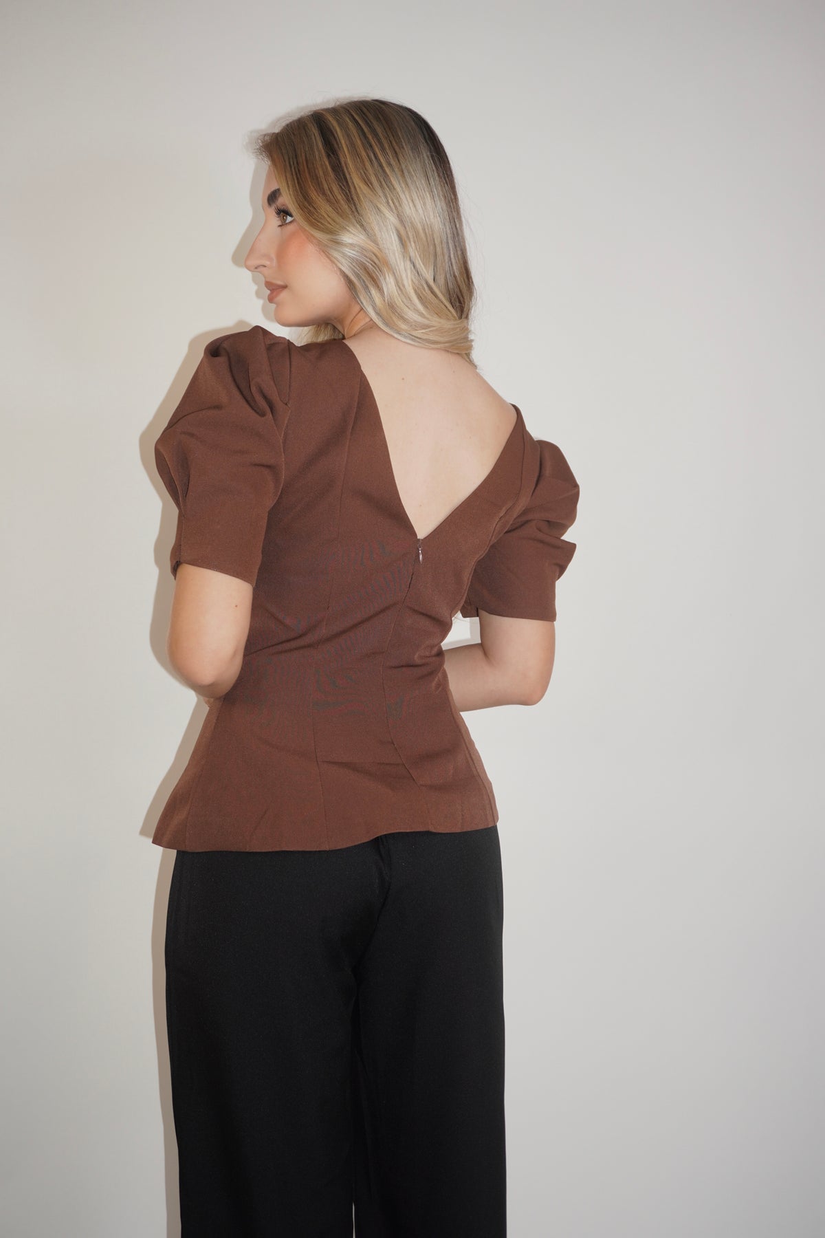 Brown Short Sleeve Peplum Blouse
