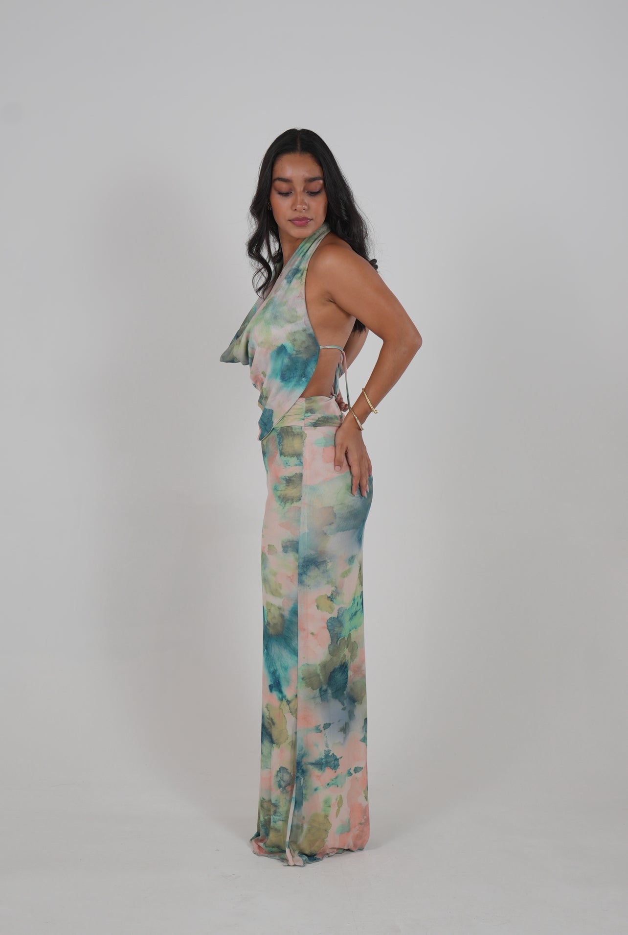 Multicolor Halter Backless Mesh Dress