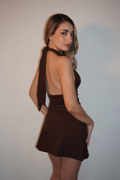 Brown Stretchy Mini Halter Dress