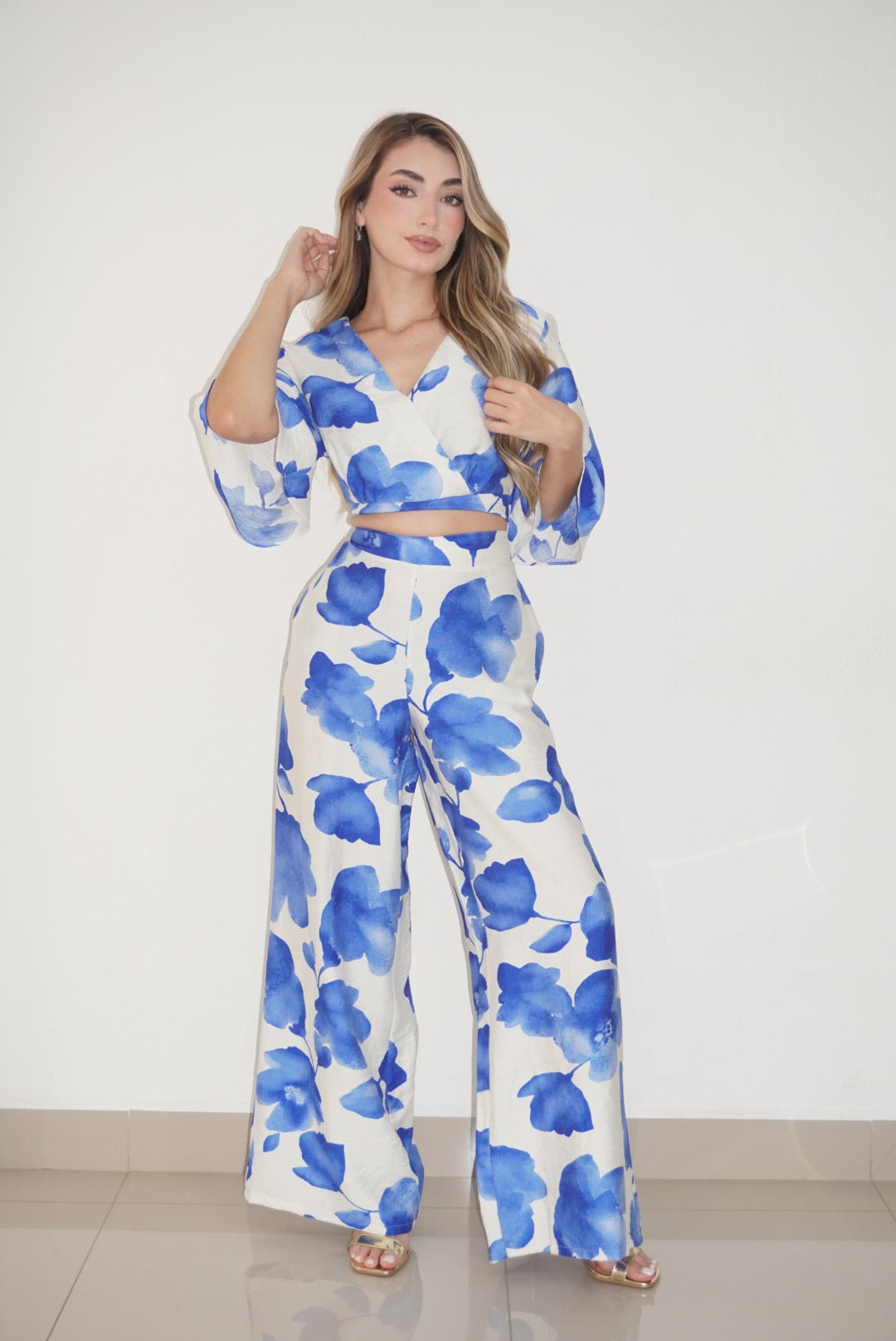 Blue Leaf Print Two-Piece Set