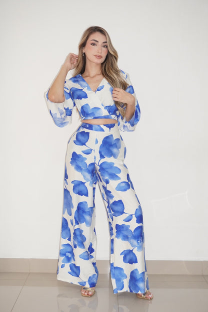 Blue Leaf Print Two-Piece Set
