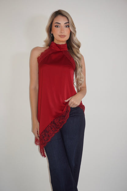 Satin Halter Asymmetric Lace Blouse