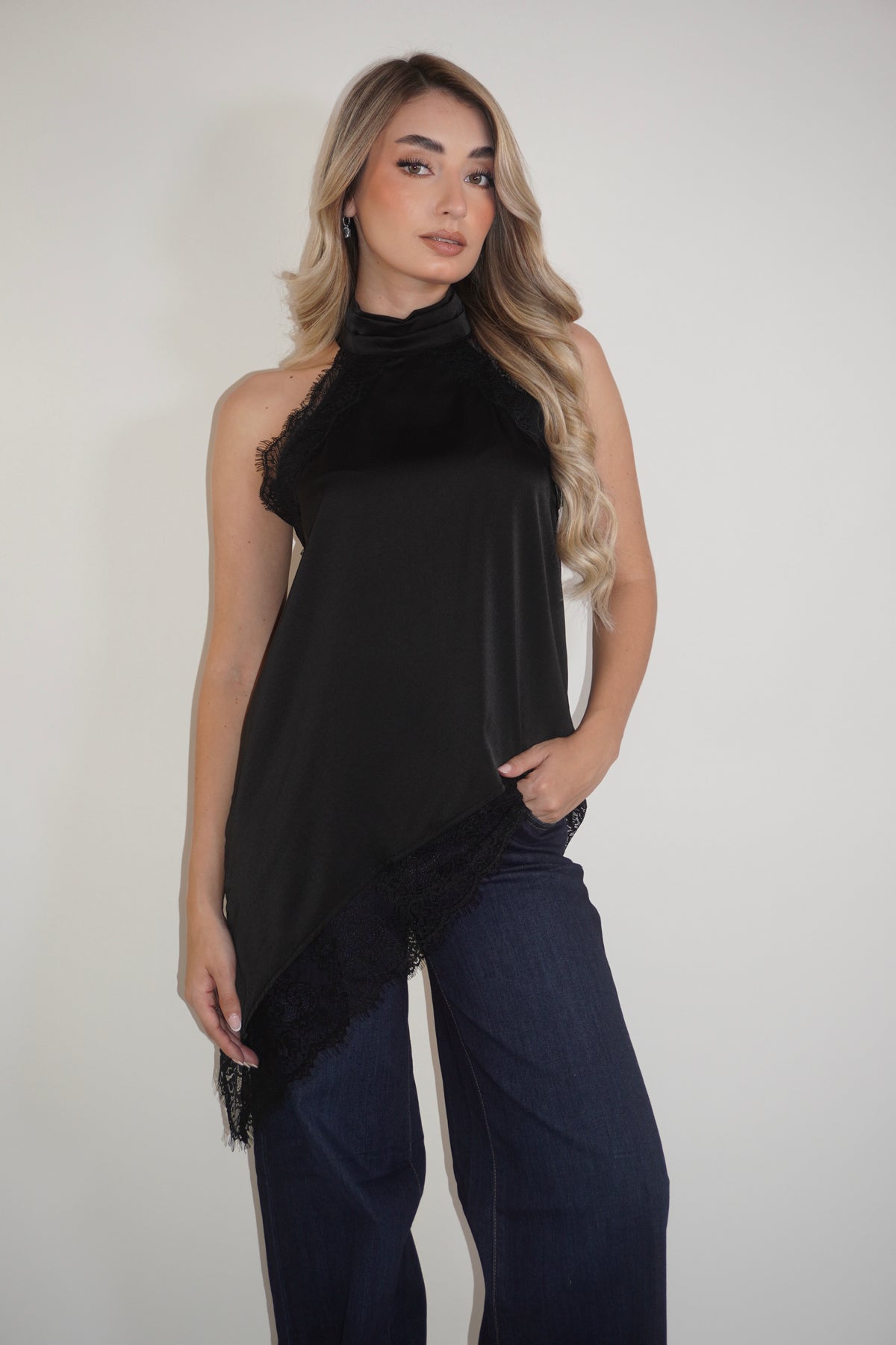 Satin Halter Asymmetric Lace Blouse