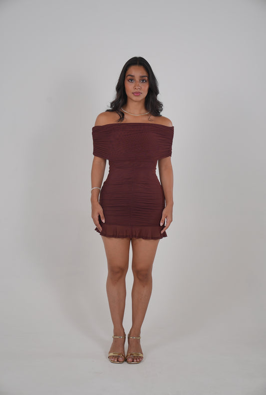 Burgundy Off Shoulder Mesh Mini Dress