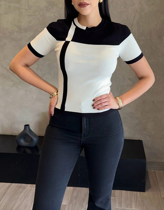 Black & Beige Knitted Blouse