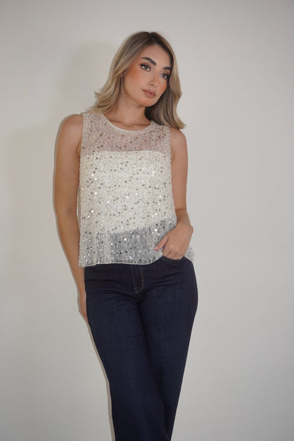 Sleeveless Glitter Mesh Tank Top