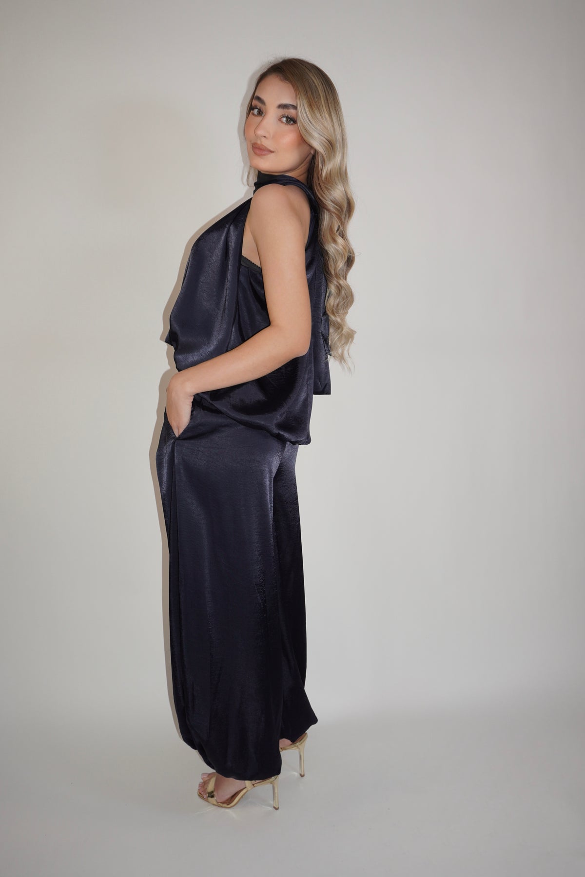Navy Blue Silky Ballon Pants Set